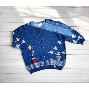 vtg Sweater Loft blue sailboat seagull novelty short sleeve cardigan‎ sweater